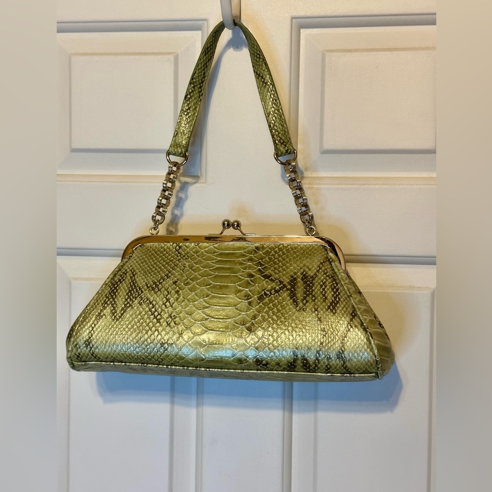 Liz Claiborne Faux Olive Snake small handbag w/chain, snap & pocket on inside.